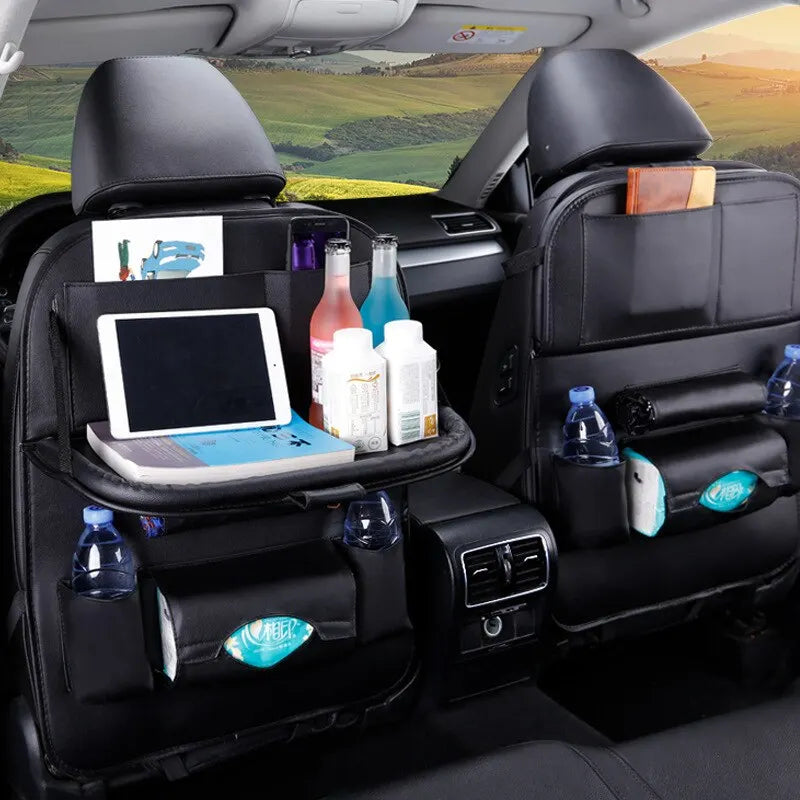Car Seat Back Organizer with Foldable Table Tray – PU Leather Storage Organizer with Pockets & Kick Mats