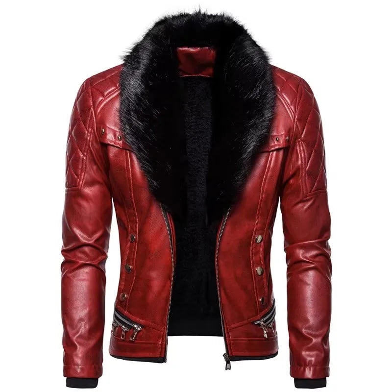 Men's Winter Fleece Motorcycle Jacket - Fur Collar Slim Fit Warm PU Leather Biker Bomber Coat