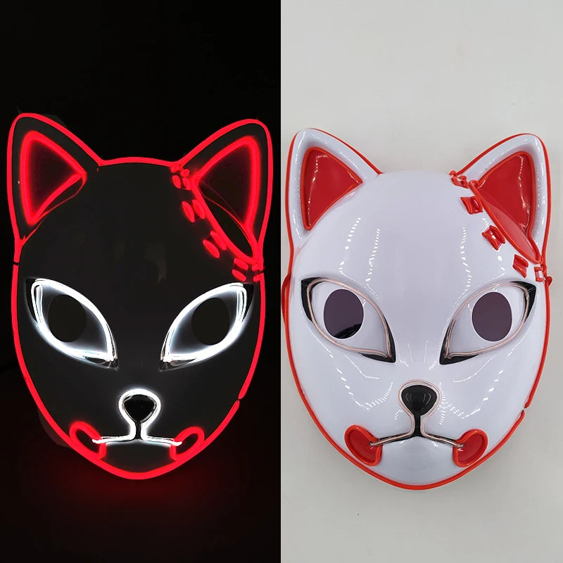Glowing LED Fox Mask – Neon Japanese Anime-Inspired Samurai Cosplay Mask for Halloween, Christmas & Costume Parties