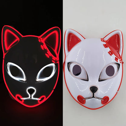 Glowing LED Fox Mask – Neon Japanese Anime-Inspired Samurai Cosplay Mask for Halloween, Christmas & Costume Parties
