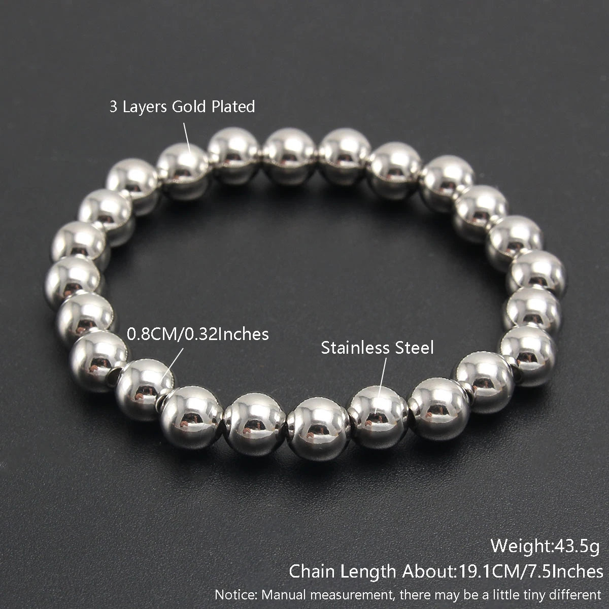 MHS.SUN Trendy Stainless Steel Stretch Bracelet — Gold & Silver Beaded 2mm/5mm/8mm for Men & Women