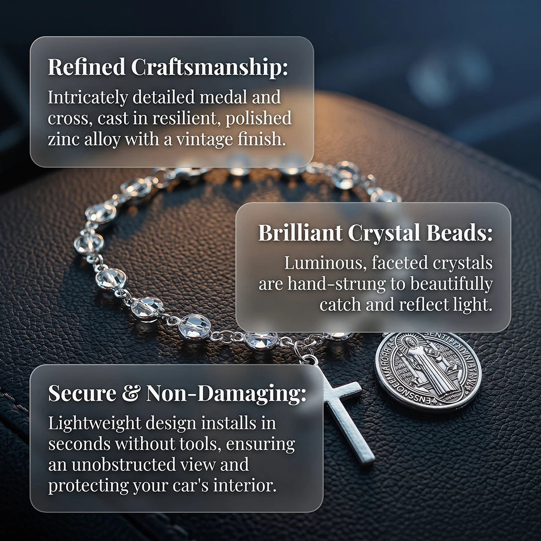 Catholic Rosary Car Pendant - St. Benedict Medal and Cross Religious Auto Interior Accessory