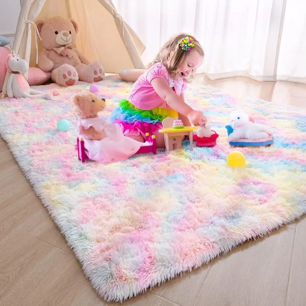 Plush Fluffy Area Rug – Soft Green & Pink Carpet for Living Room, Sofa, Coffee Table, Kids Room, Non-Slip Home Decor Mat