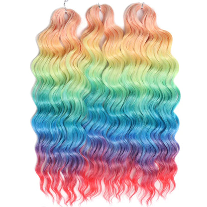 FASHION IDOL 24" Deep Wave Crochet Hair - 3-Piece Synthetic Water Wave Braiding Extensions, Ombre Rainbow Twist Hair
