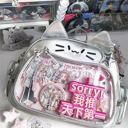 Y2K Korean Kawaii Cat Ita Bag — Cute PU Transparent Shoulder & Crossbody Bag for Girls, Harajuku Style Backpack