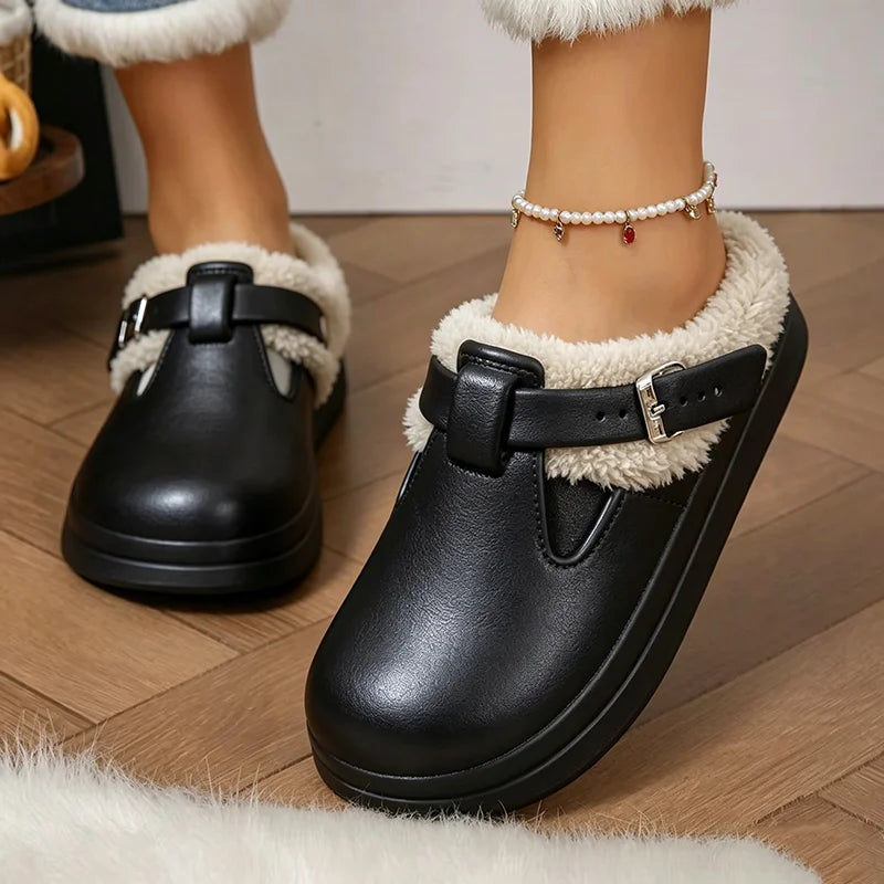 Women’s Winter Plush Mules Slippers - Waterproof EVA Furry Slides with Warm Lining, Metal Buckle & Non-Slip Sole