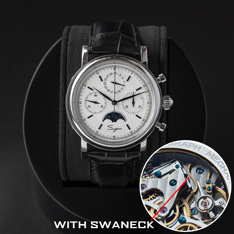 Sugess ST1908 Mechanical Chronograph Watch for Men – Swan Neck Movement, Moonphase Calendar, Vintage Leather Strap, 2023 Model