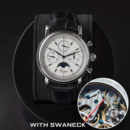Sugess ST1908 Mechanical Chronograph Watch for Men – Swan Neck Movement, Moonphase Calendar, Vintage Leather Strap, 2023 Model