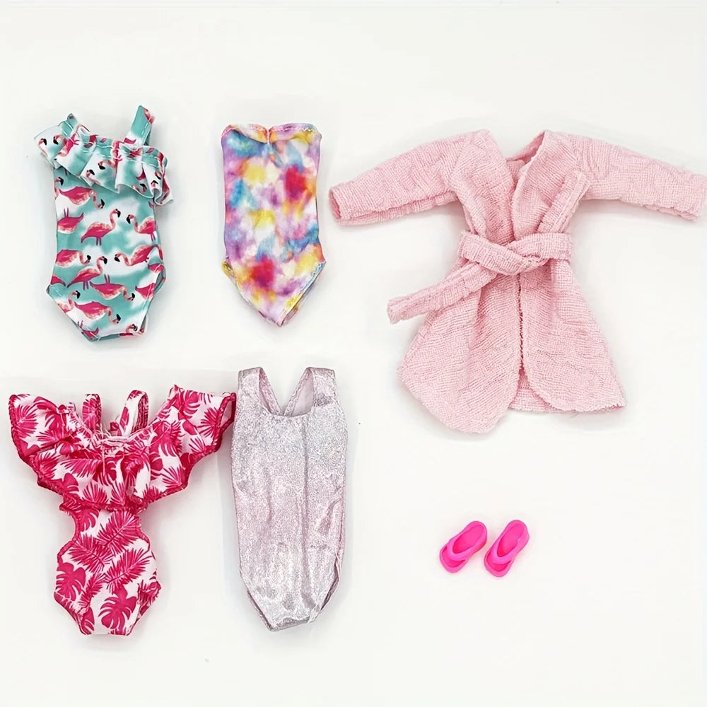 6pcs 11.5" Girl Doll Clothes Set – Swimsuits, Bathrobes, Slippers & Fashion Doll Accessories