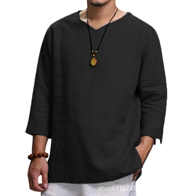 Men’s 3/4 Sleeve Casual Shirt - Loose Fit Solid Color Pullover Top