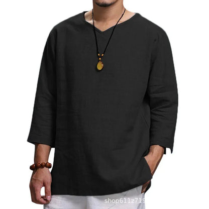 Men’s 3/4 Sleeve Casual Shirt - Loose Fit Solid Color Pullover Top