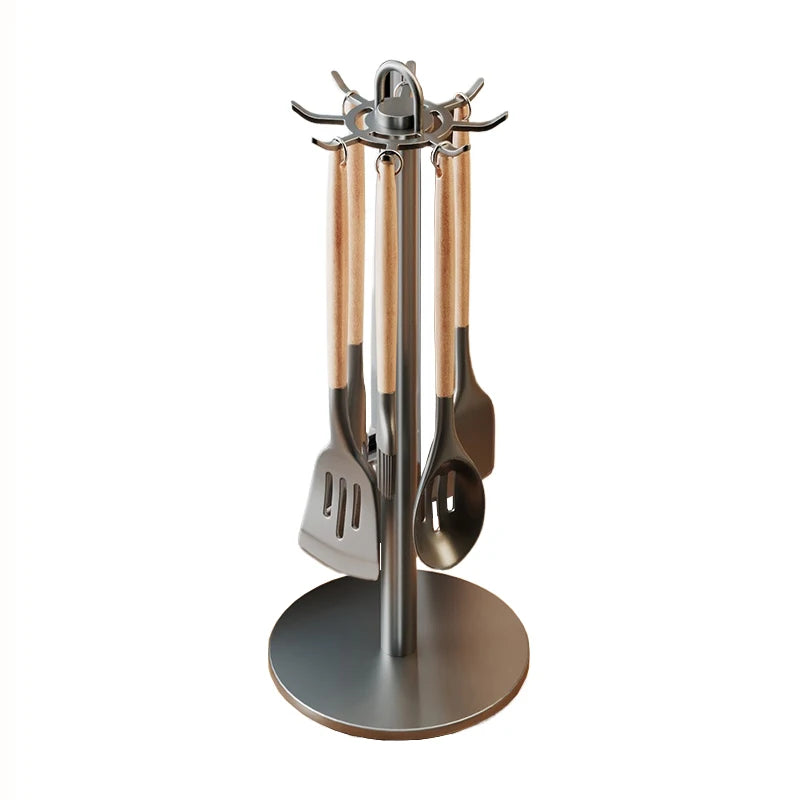 Rotating Kitchen Utensil Stand — 8-Hook Countertop Organizer for Cooking Tools