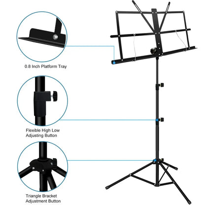 2-in-1 Folding Music Stand – Dual Use Portable Sheet Music & Desktop Book Stand, Lightweight and Adjustable