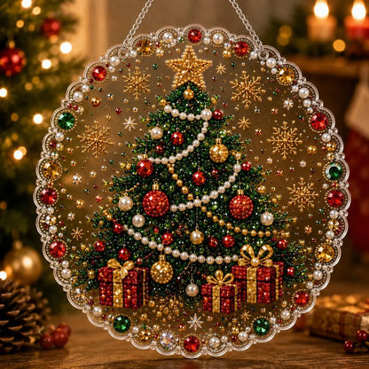 DIY Christmas Pearl Diamond Painting Pendant - Acrylic 2D Bead Craft for Holiday Window & Wall Decor