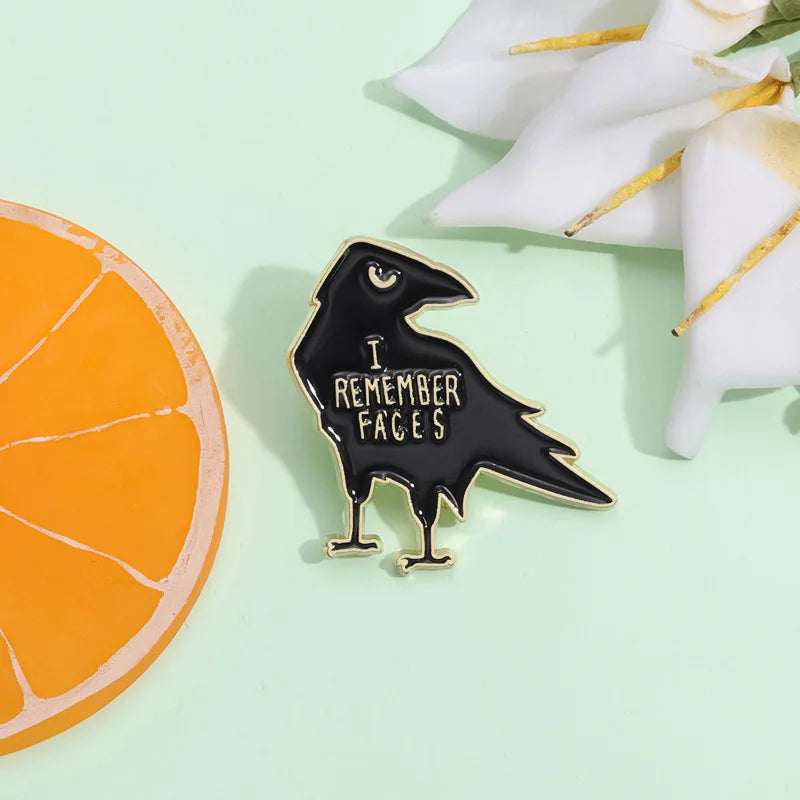 I Remember Faces Black Crow Enamel Pin – Animal Bird Metal Lapel Brooch for Backpacks & Jewelry Accessories