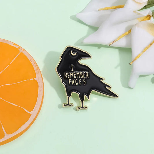 I Remember Faces Black Crow Enamel Pin – Animal Bird Metal Lapel Brooch for Backpacks & Jewelry Accessories