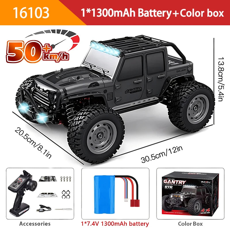 16103 Fast RC Cars – 50km/h 1/16 Off-Road 4WD Monster Truck with LED Headlights, 2.4G Waterproof Remote Control for Adults & Kids