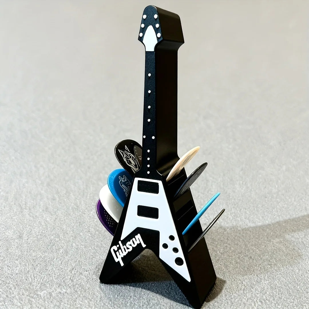 3D Printed Guitar Pick Holder – Guitar-Shaped Plectrum Storage Box with Stand & Accessories Organizer
