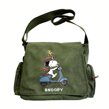 Snoopy Canvas Shoulder Bag – Large Multi-Pocket Cartoon Print Crossbody Messenger Bag for Women & Travel