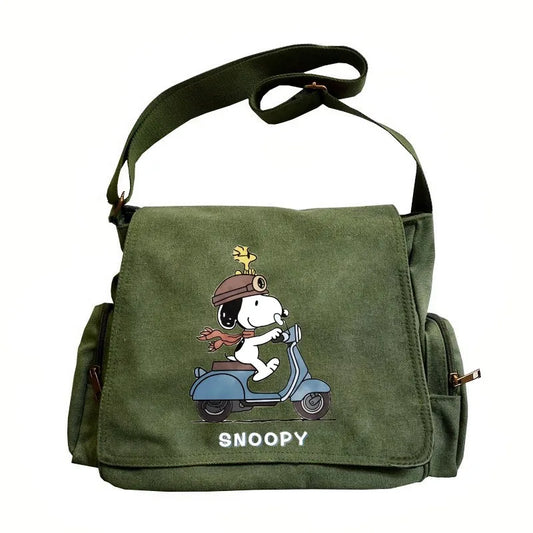 Snoopy Canvas Shoulder Bag – Large Multi-Pocket Cartoon Print Crossbody Messenger Bag for Women & Travel