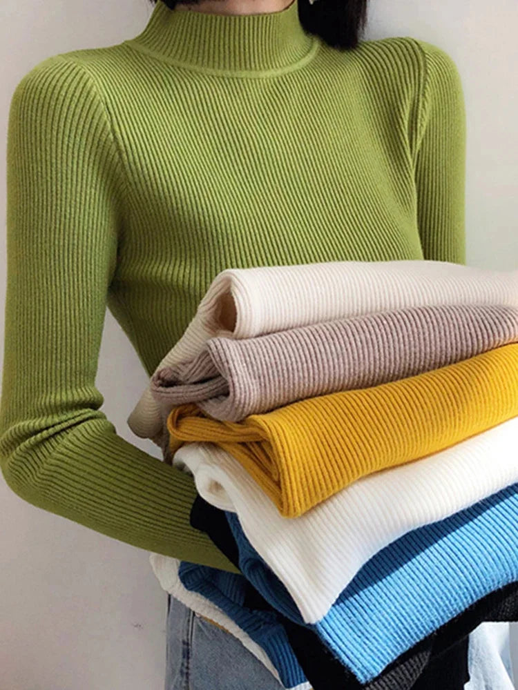 Women's Mock Neck Sweater - Vintage Solid Knit Pullover, Slim Fit, Casual Korean Chic for Autumn Winter
