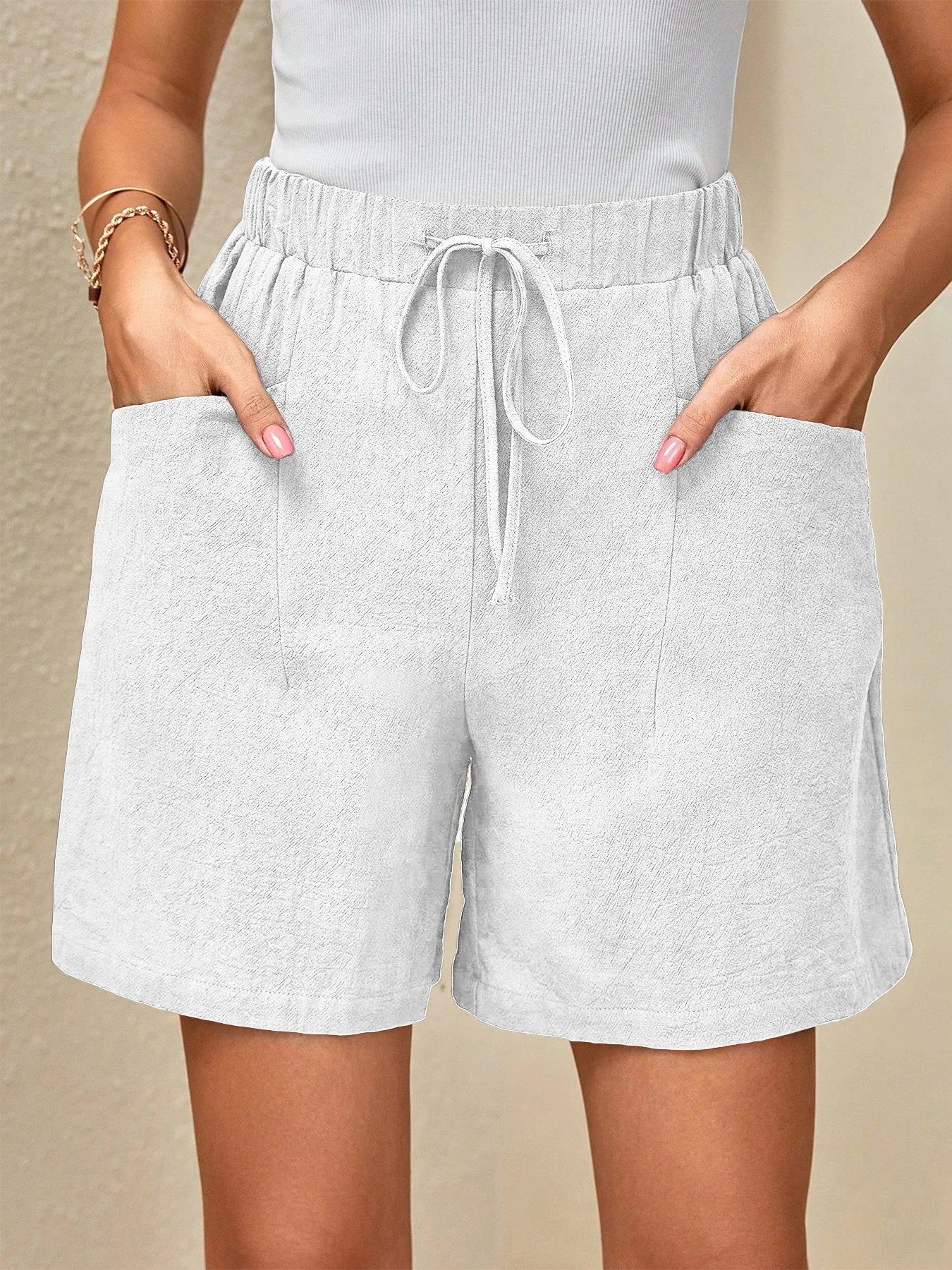Women’s Linen Summer Shorts - Solid Color Elastic Waist Drawstring Casual Shorts for Everyday Wear