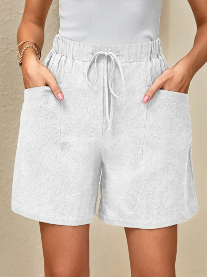 Women’s Linen Summer Shorts - Solid Color Elastic Waist Drawstring Casual Shorts for Everyday Wear