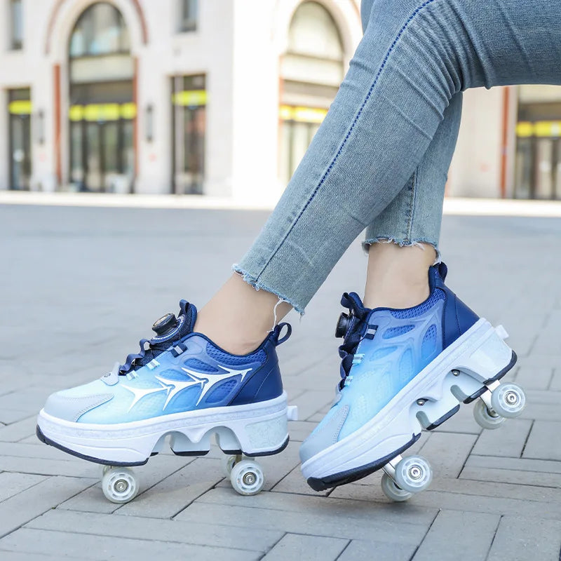 Dual Purpose Roller Skates Shoes - Adjustable Double Row 4-Wheel Deformation Roller Sneakers for Kids & Teens Size 33-44