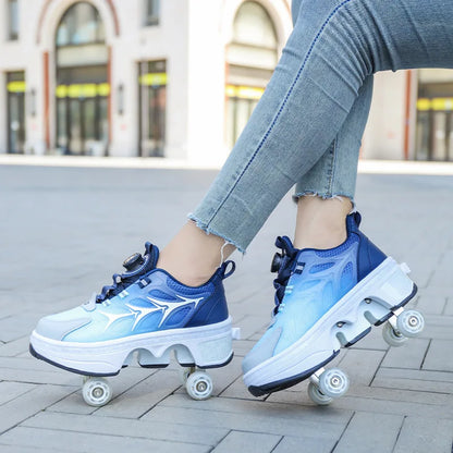 Dual Purpose Roller Skates Shoes - Adjustable Double Row 4-Wheel Deformation Roller Sneakers for Kids & Teens Size 33-44