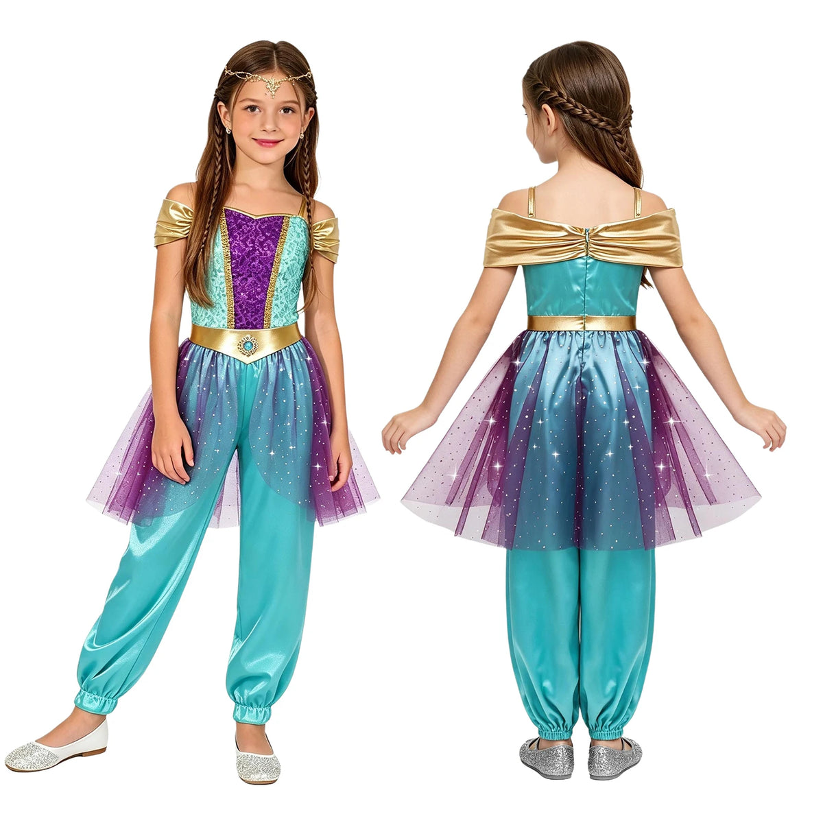Girls Arabian Princess Costume - Metallic Sequin Bodice Tulle Satin Jumpsuit for Halloween, Carnival & Dance Performances