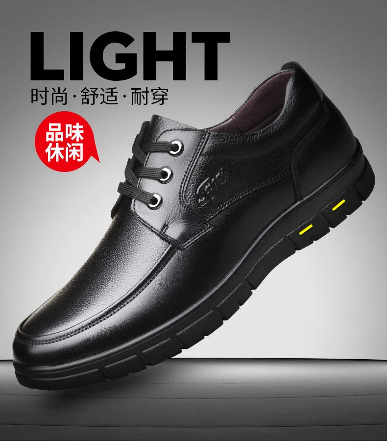 Men's Genuine Leather Casual Shoes - Soft Sole Lace-Up Loafers, Luxury Brand for Middle-Aged & Older Adults, Lightweight Dad Shoes