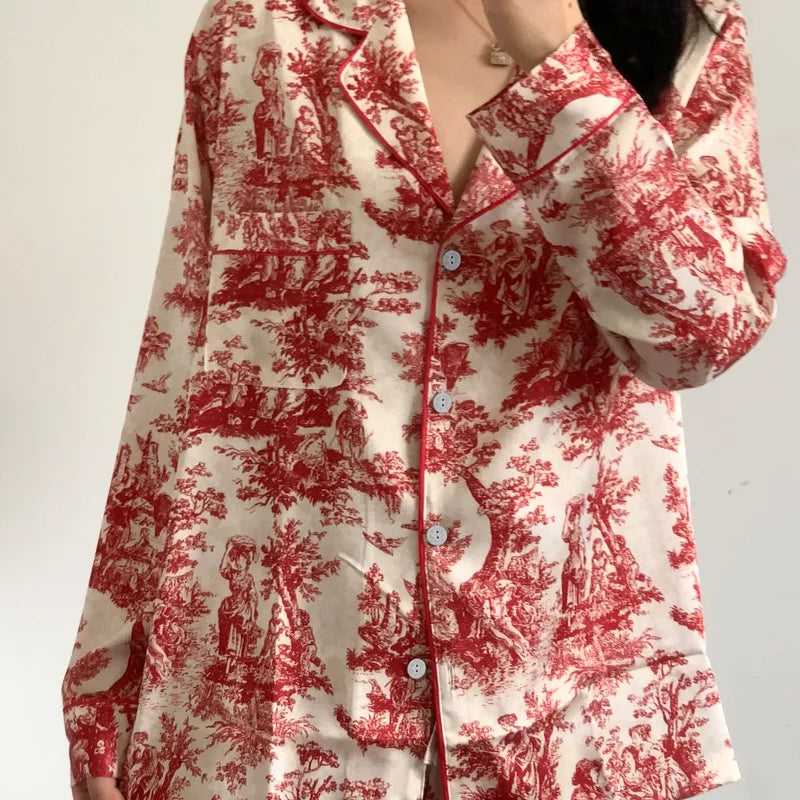 Fashion Floral Print Satin Pajamas Set for Women – Spring Summer Loose Sleepwear Loungewear Homewear Suit