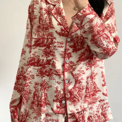 Fashion Floral Print Satin Pajamas Set for Women – Spring Summer Loose Sleepwear Loungewear Homewear Suit