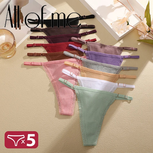 5PCS Cotton G-String Panties Set — Sexy Women’s T-Back Underwear, Adjustable Waist Thong Lingerie Briefs
