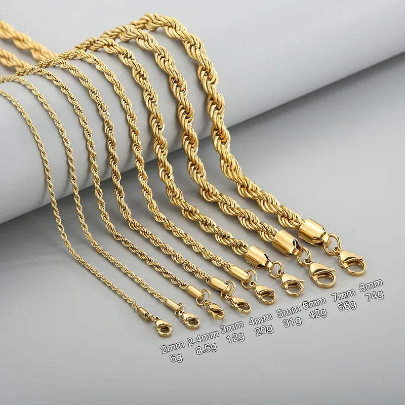 304 Stainless Steel Twist Rope Chain Necklace – PVD Gold Plated, 2-5mm Width for Men & Women, Fashion Accessories