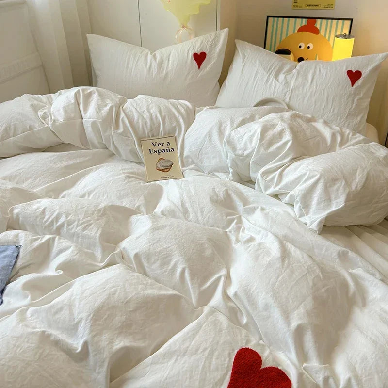 Washed Cotton Bedding Set - Soft Cool Duvet Cover, Bed Sheet & Heart-Shaped Towel Set