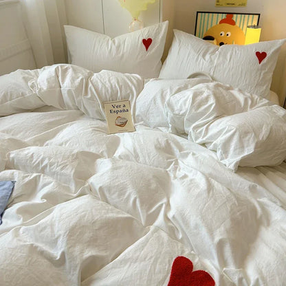 Washed Cotton Bedding Set - Soft Cool Duvet Cover, Bed Sheet & Heart-Shaped Towel Set