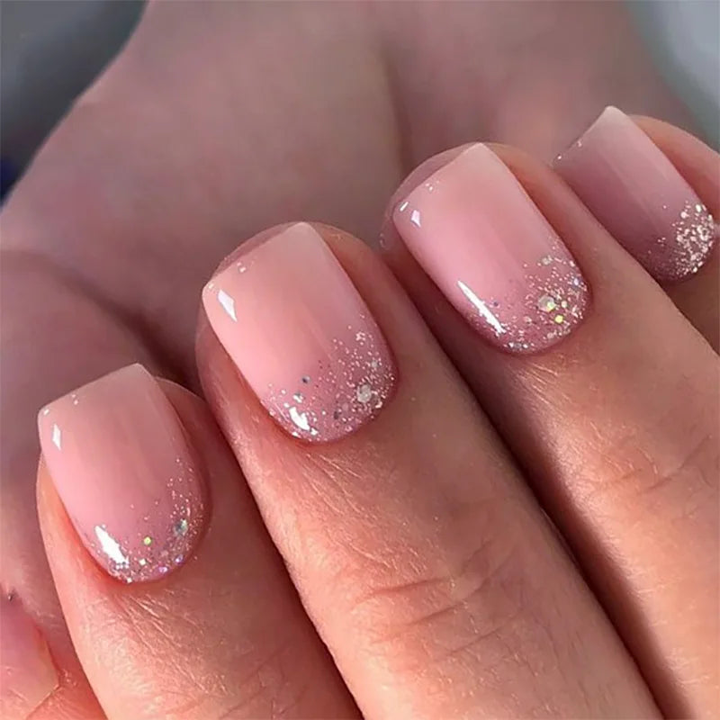24PCS Short Press On Nails - Shimmer Ballet French Full Cover Artificial Nail Tips for Daily Manicure Style