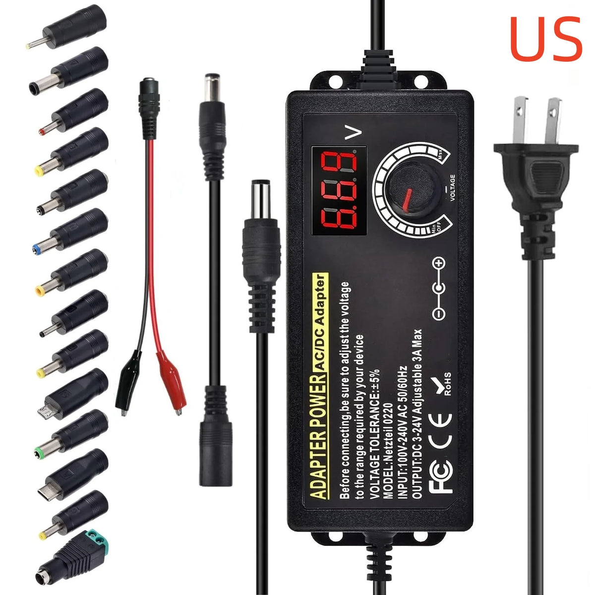 Adjustable AC to DC Power Supply - 3V–24V 3A Universal Laboratory Adapter with EU/US Plug and Alligator Clip