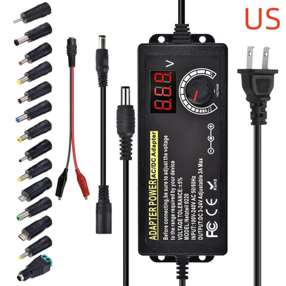Adjustable AC to DC Power Supply - 3V–24V 3A Universal Laboratory Adapter with EU/US Plug and Alligator Clip