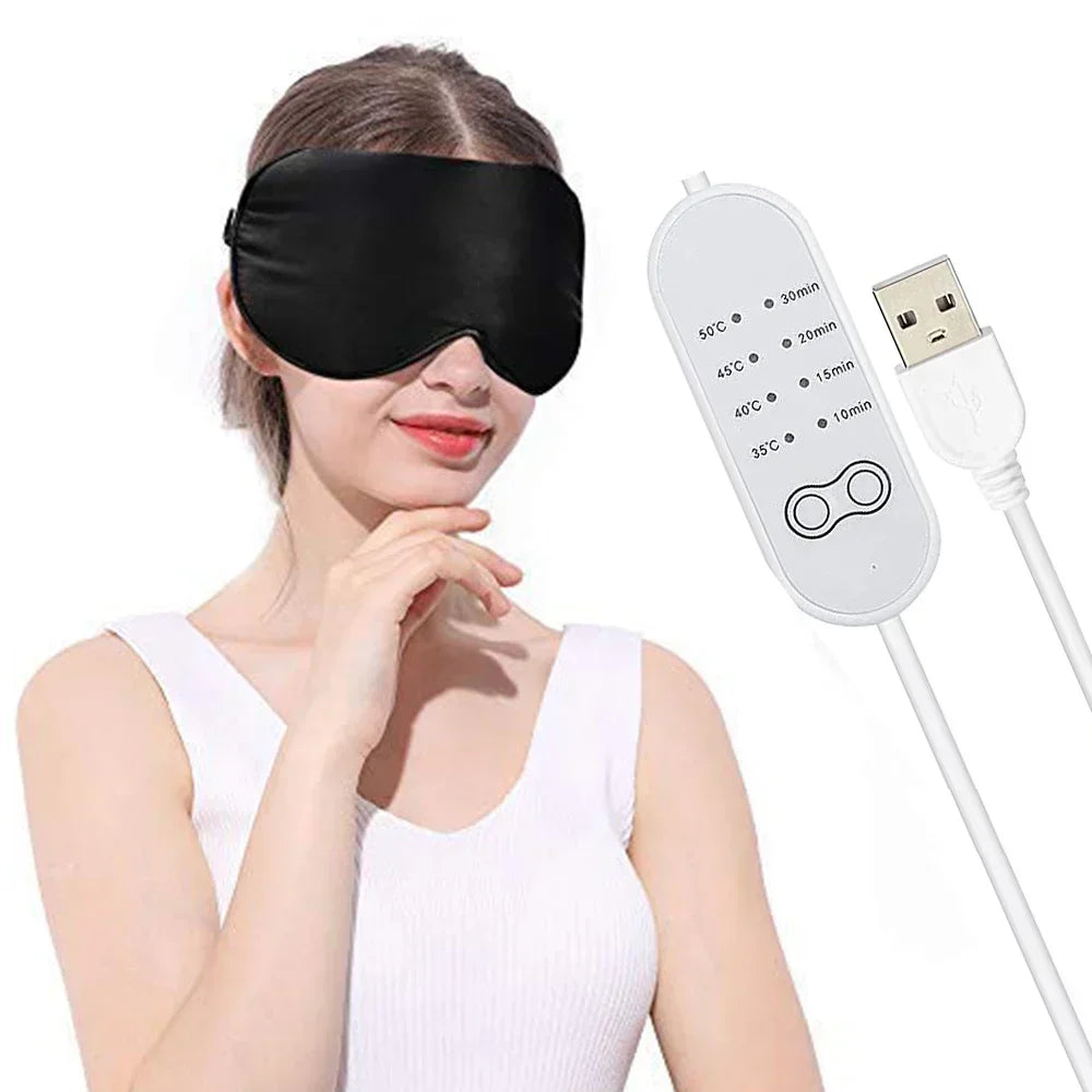 USB Heated Silk Eye Mask — Reusable Steaming Eye Massager for Sleep, Puffiness, Dark Circles & Eye Care