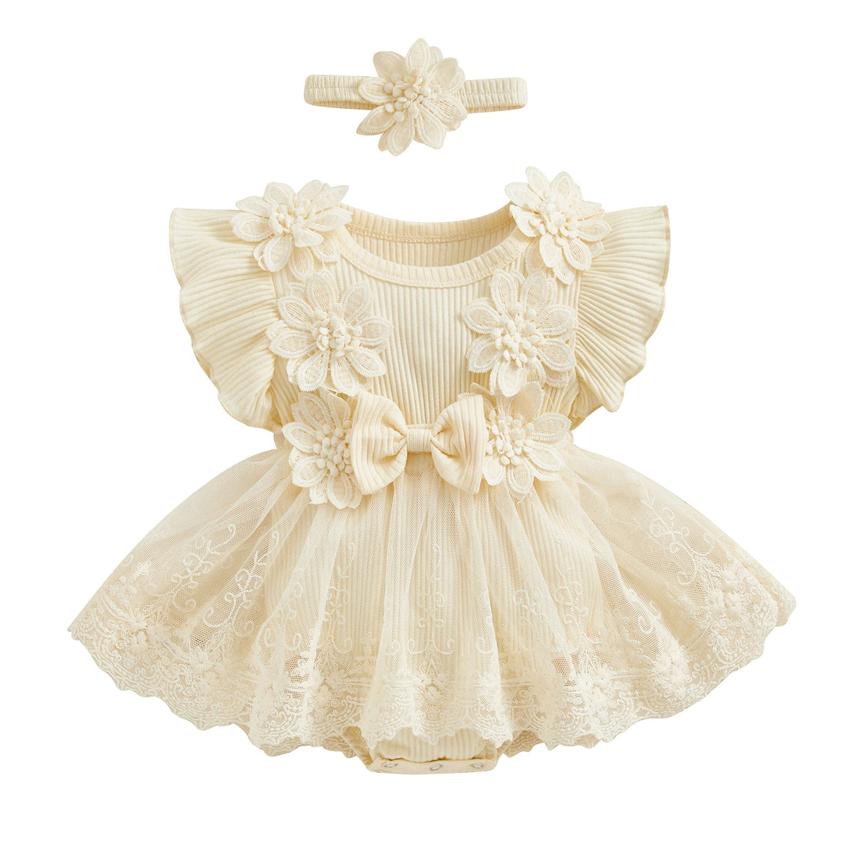 3D Flower Baby Girls’ Romper - Princess Mesh Lace Ruffle Bodysuit Dress with Headband