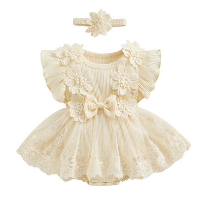 3D Flower Baby Girls’ Romper - Princess Mesh Lace Ruffle Bodysuit Dress with Headband