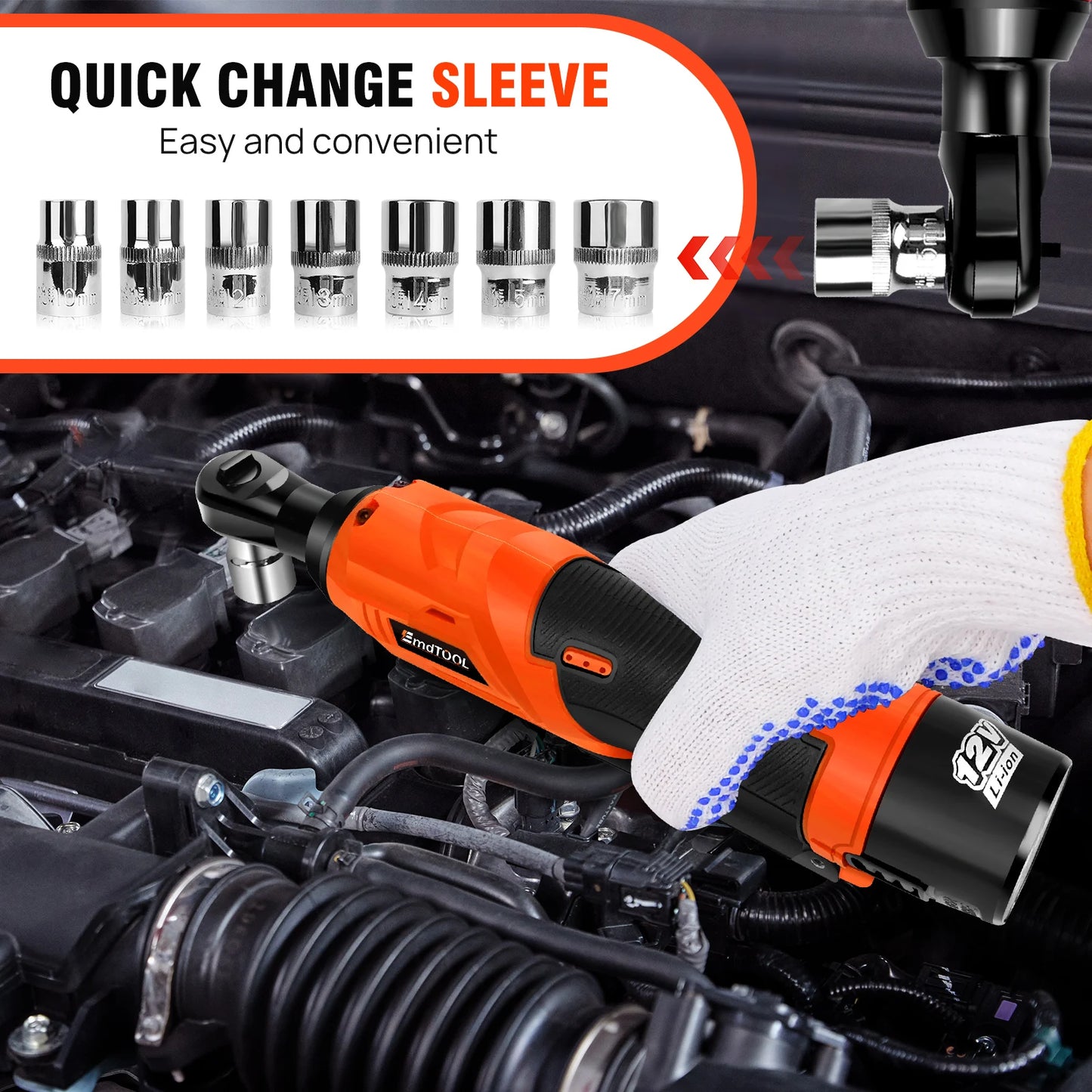 DayPlus 200NM 3/8" Cordless Electric Ratchet Wrench | 90° Angle 12V Power Tool with 2 Batteries, Charger & 7 Sockets
