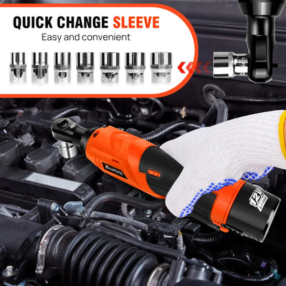 DayPlus 200NM 3/8" Cordless Electric Ratchet Wrench | 90° Angle 12V Power Tool with 2 Batteries, Charger & 7 Sockets