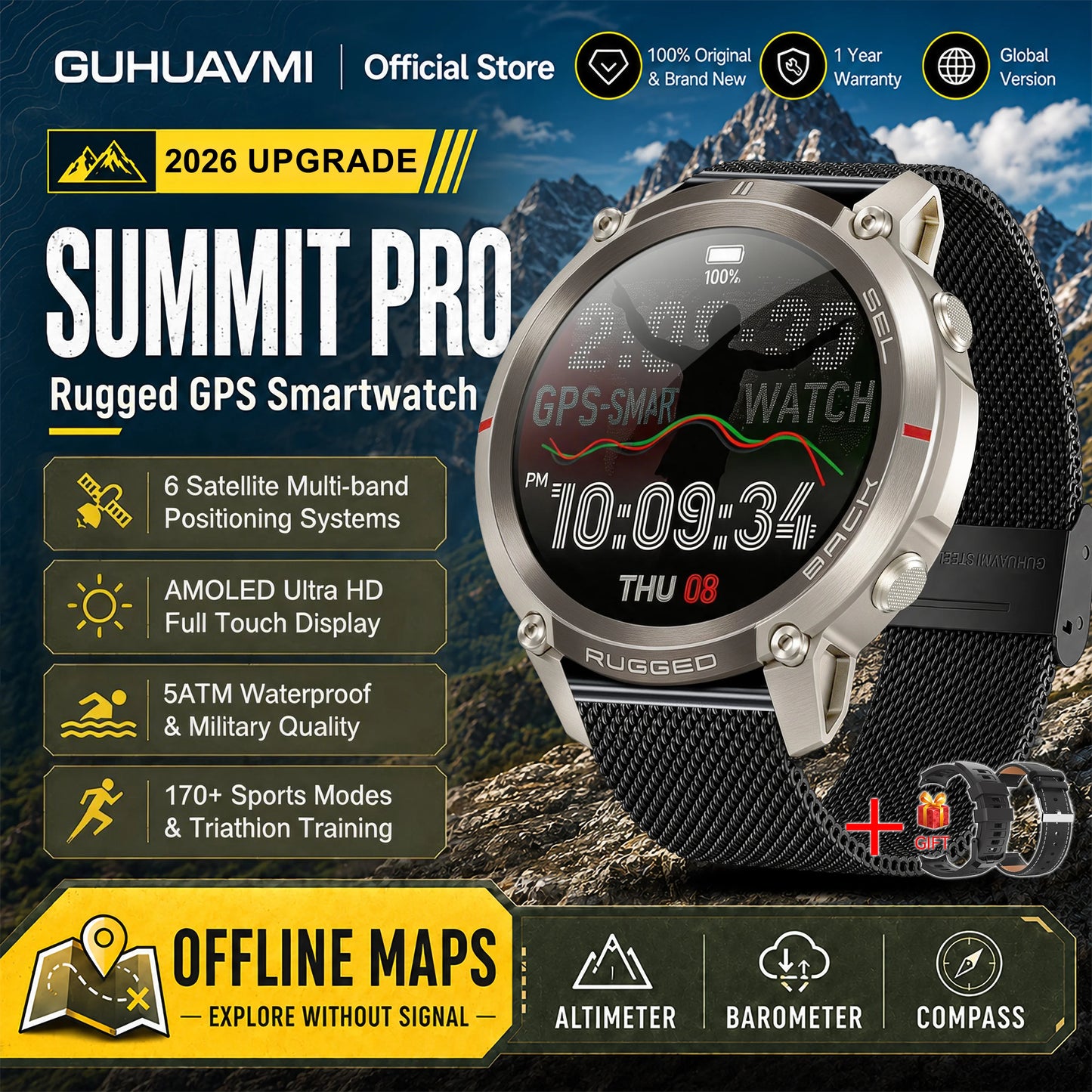 Military GPS Smartwatch for Men - 1.43" AMOLED Display, Bluetooth Calls, Compass, 5ATM Waterproof & 170+ Sports Modes