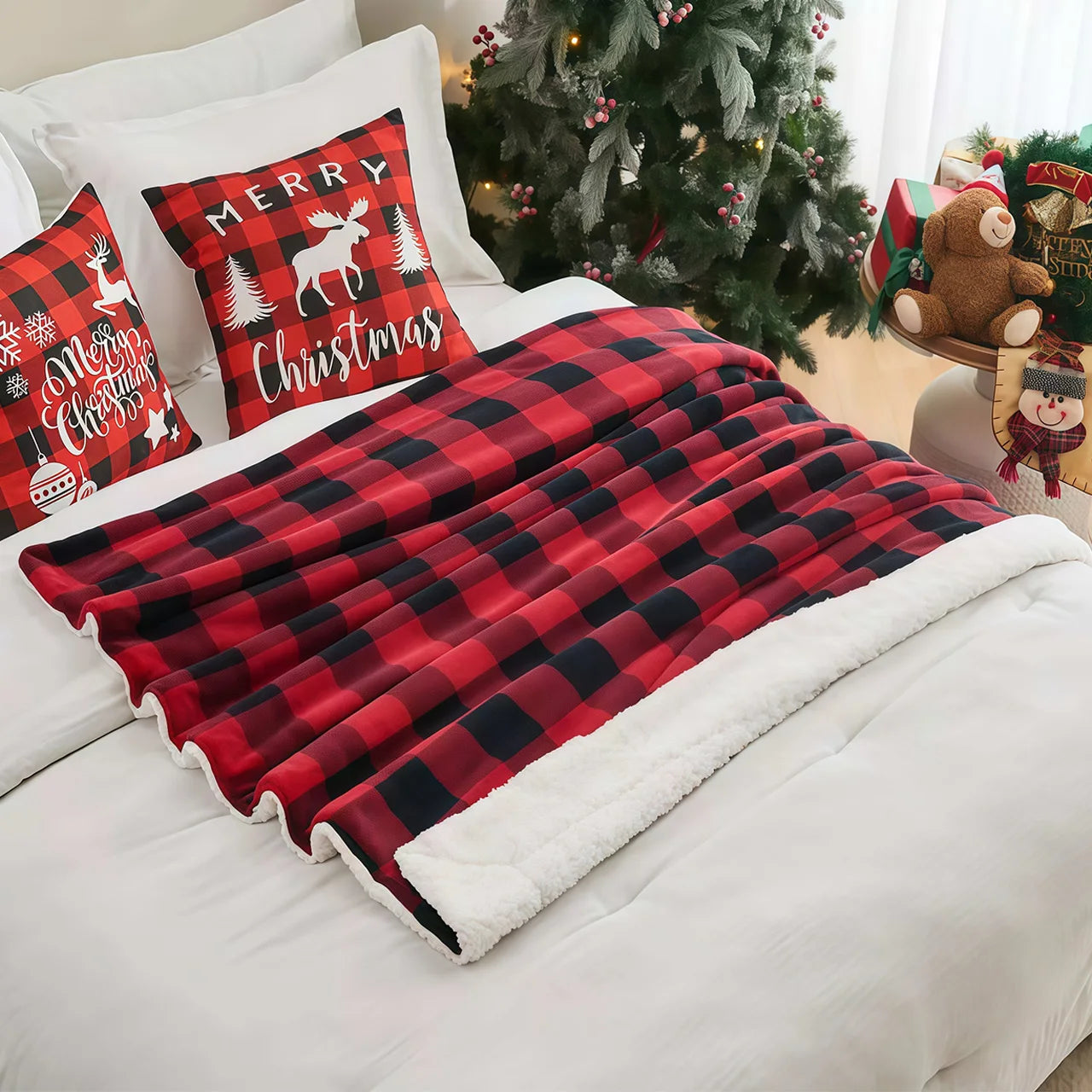 Cozy Sherpa Fleece Buffalo Plaid Blanket – Soft Warm 4lb Throw for Sofa, Bed & Outdoor, All-Season, Machine Washable