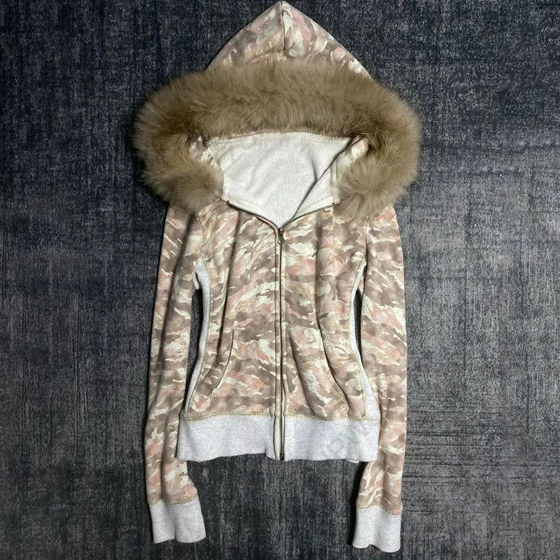 Women’s 2025 Gothic Aesthetic Fur Collar Hoodie Cardigan – Slim Fit Autumn Winter Harajuku Sweatshirt