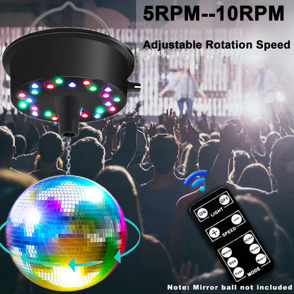 RGBW Disco Ball Motor with Remote - Adjustable 5-10RPM Mirror Ball Spinner with Multi-Mode LED Lighting