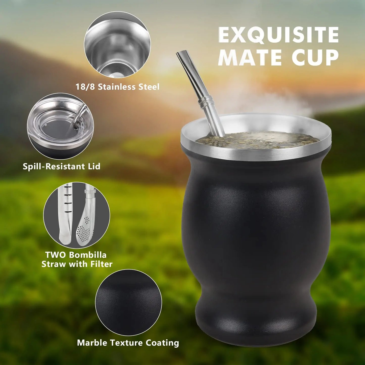 8oz 304 Stainless Steel Yerba Mate Cup Set – Double Wall Argentine Gourd with Bombilla Straw & Cleaning Brush Travel Mug